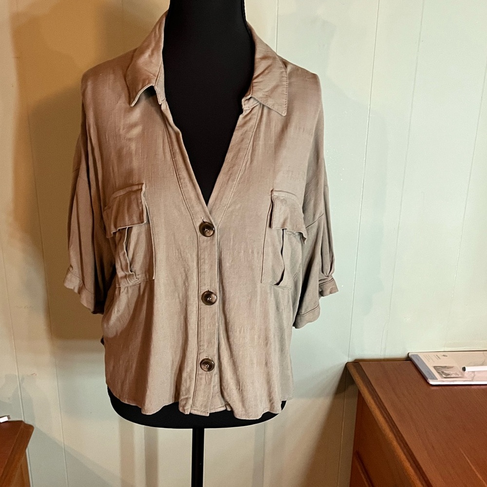 Casual Tan Button-Up Blouse